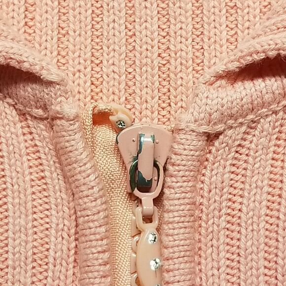 Quacker Factory 1X Cardigan Sweater Full Zip Jeweled Rib Knit Classic Coral Pink - Picture 6 of 9